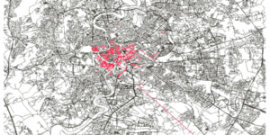 Extension of Sampietrini pavements (in red) within the urban road network of Rome.