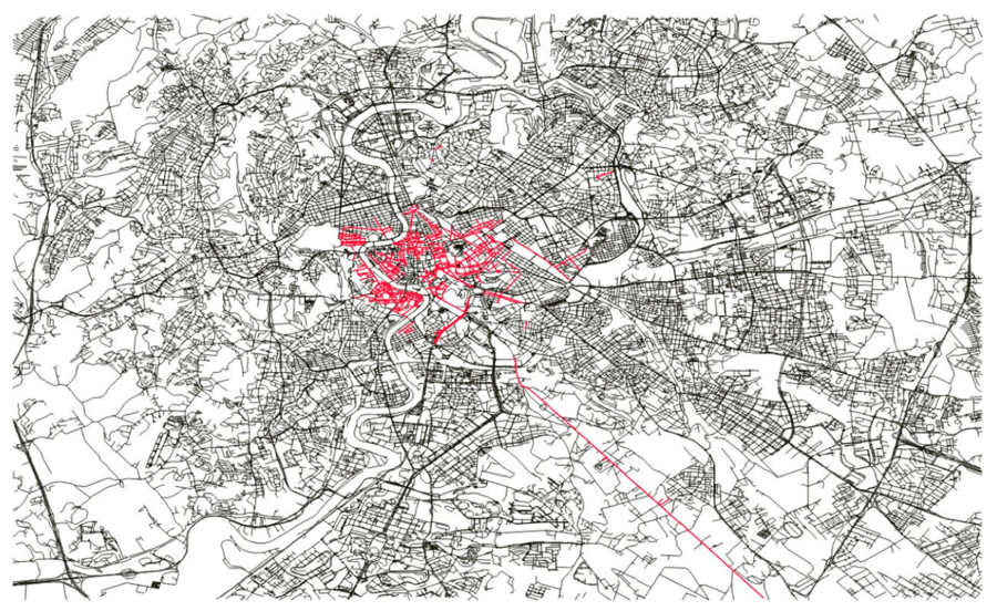Extension of Sampietrini pavements (in red) within the urban road network of Rome.